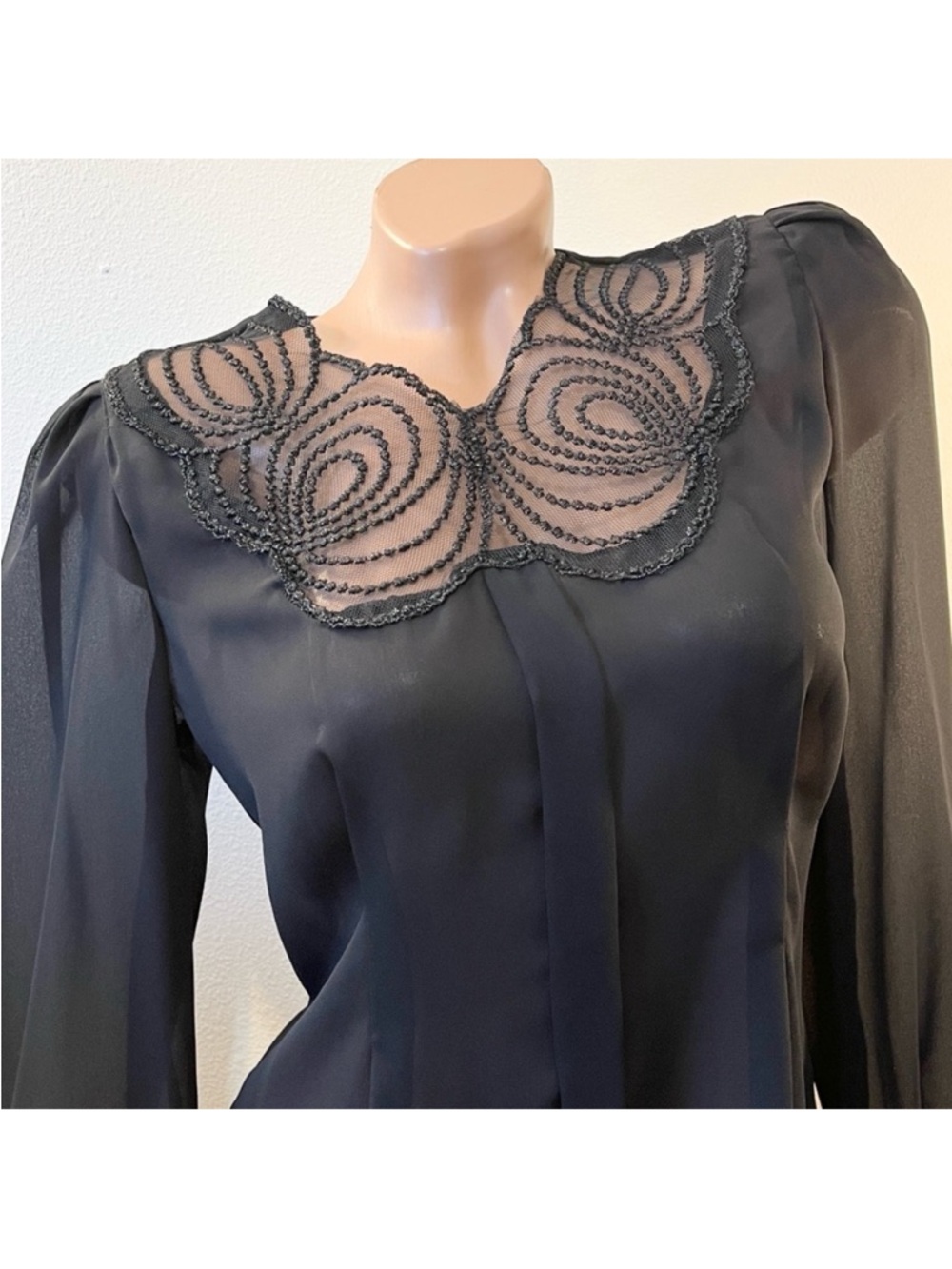 Vintage Black Sheer Blouse with Embroidered Neckline